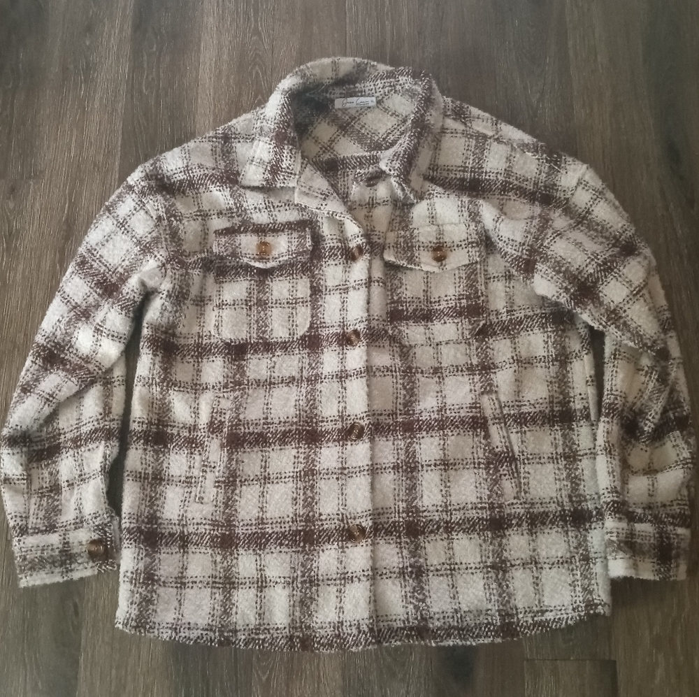 Jess Crum By Hazel & Olive Womens This Moment Shacket Jacket brown plaid XL